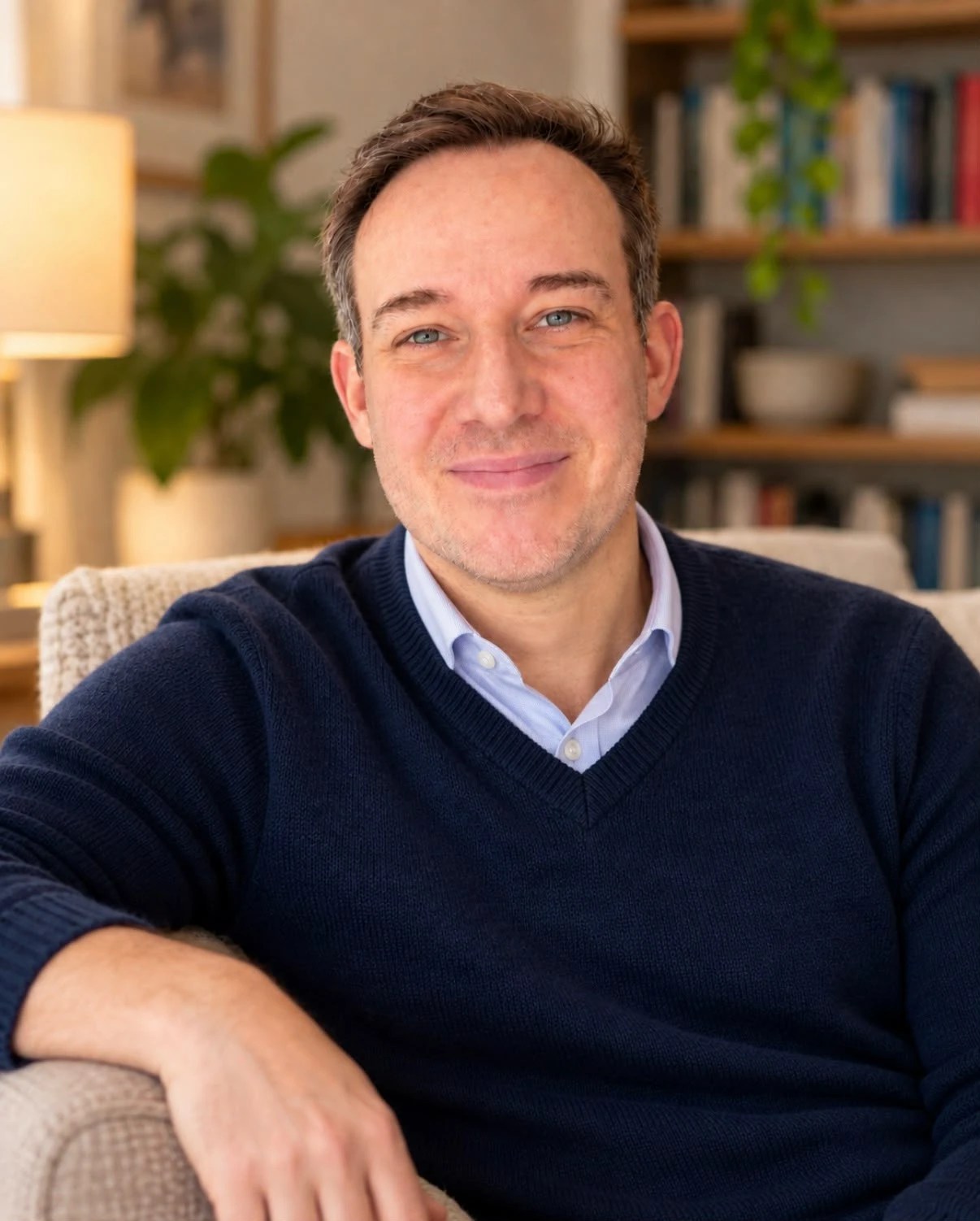 Ian Simpson smiling, sitting in an armchair in a navy jumper
